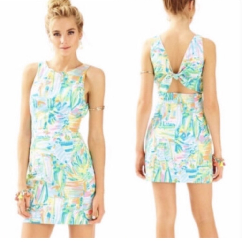 Lilly Pulitzer Sz 0 Vibrant Multicolor Mini Dress backless bow Courtney sea salt